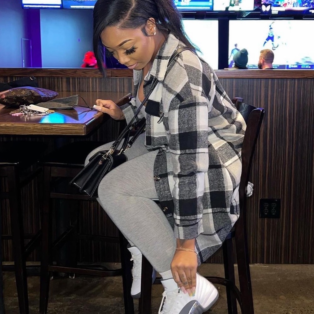 Grey and Black Plaid Shirt Jacket